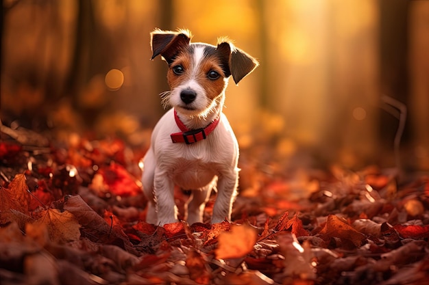 Foto atmósfera otoñal jack russell terrier en medio de hojas doradas y carmesí paseando por el parque