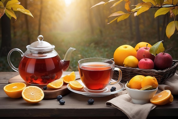 Atmosfera de otoño té caliente y frutas