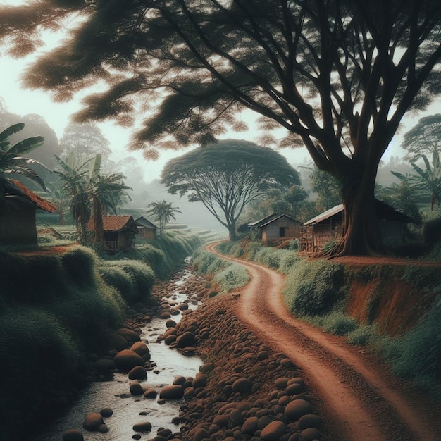 Atmosfera de un pueblo en Indonesia con ríos y bosques