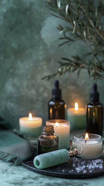 Atmosfera relajante creada por velas y aceites esenciales en una mesa tranquila en un ambiente sereno