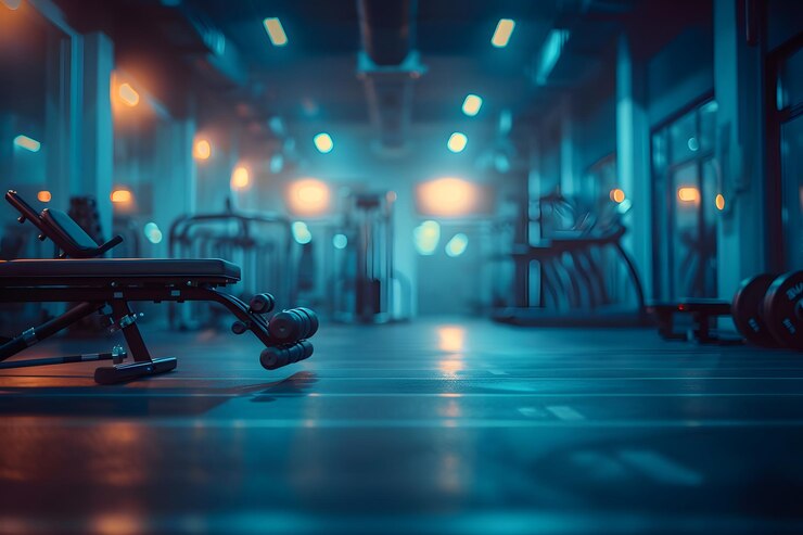 Atmosfera tranquila en el gimnasio con equipos con iluminación suave