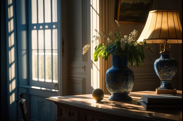 Atmosférica biblioteca francesa con un encantador y acogedor interior a la luz de la mañana, íntima, nostálgica, elegante, parisina, IA generativa