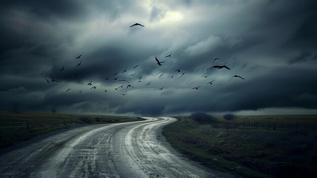 Foto atmosférica carretera sinuosa bajo un cielo desolado con cuervos que dan vueltas en círculo simbolizando el concepto de las pesadillas