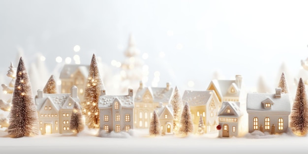 Atmosférico pueblo de invierno en miniatura elegantes casas de cerámica y árboles de madera de Navidad