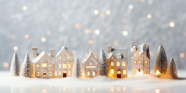 Atmosférico pueblo de invierno en miniatura elegantes casas de cerámica y árboles de madera de Navidad