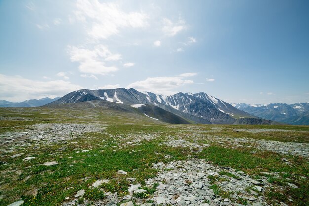 Atmosphärische Alpenlandschaft mit steiniger Wiese mit grünem Gras