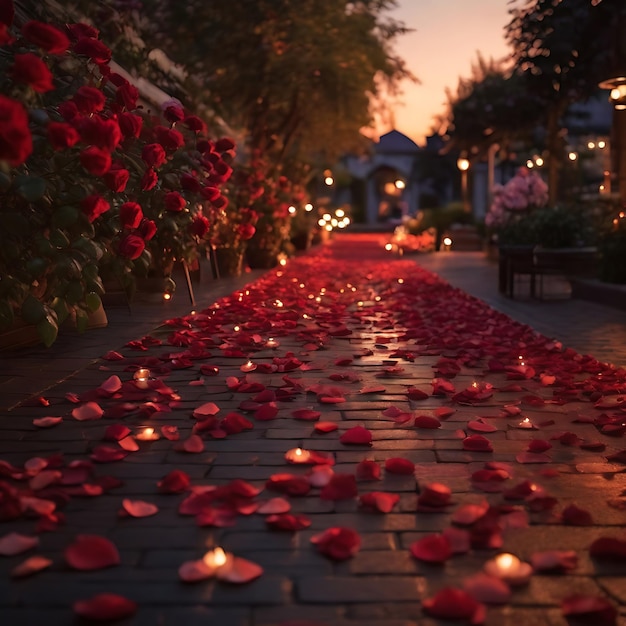 Foto atmosphärische szene mit einem weg, der von weichen laternen und roten rosenblättern beleuchtet wird
