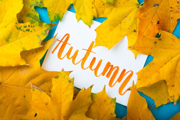 Atmosphärischer Herbsthintergrund Herbstblätter mit der Aufschrift Herbst