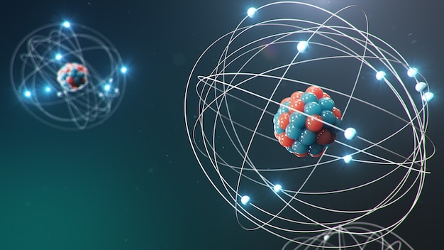 Atomare Struktur. Glühende Energiekugeln, Kernreaktion.