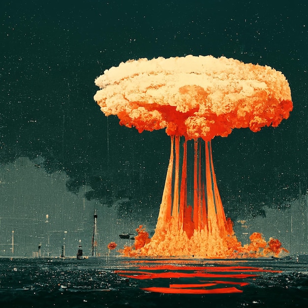 Atombombenexplosion auf dem Meer Großer nuklearer Feuerpilz gegen den Himmel Vintage Art Illustration Poster