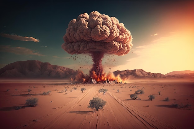 Atombombenexplosion mitten in der Wüste mit Staub und Trümmern, die durch die Luft fliegen