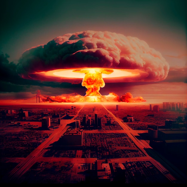 Atombombenexplosion über einer Stadt. Massive Zerstörung. Dritter Weltkrieg. 3D-Darstellung
