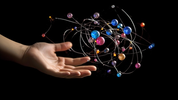 Atome in der Hand fliegen entlang der Umlaufbahn. Die generative KI