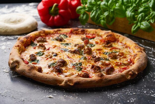 Atomic Roster Pizza-Topping mit Fleisch Tikka isoliert auf dunklem Hintergrund mit rohem Essen Top-View der italienischen Fastfood-Vorbereitung