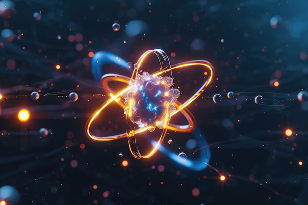 Atomischer Tanz im subatomaren Bereich, Elektronen, Neutronen und Protonen umkreisen einen festen Kern in einem leeren Modellraum innerhalb von Atomen und zeigen vorhersehbare Pfade in der komplizierten Welt der Teilchenphysik