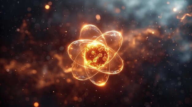 Atomischer Tanz im subatomaren Bereich, Elektronen, Neutronen und Protonen umkreisen einen festen Kern in einem leeren Modellraum innerhalb von Atomen und zeigen vorhersehbare Pfade in der komplizierten Welt der Teilchenphysik