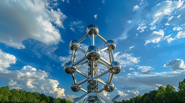 Foto atomium bruselas con fondo forestal