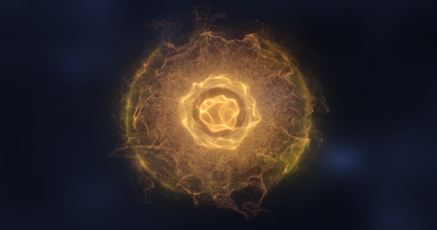 Átomo de esfera abstracta con electrones que vuelan partículas brillantes amarillas y campo mágico de energía