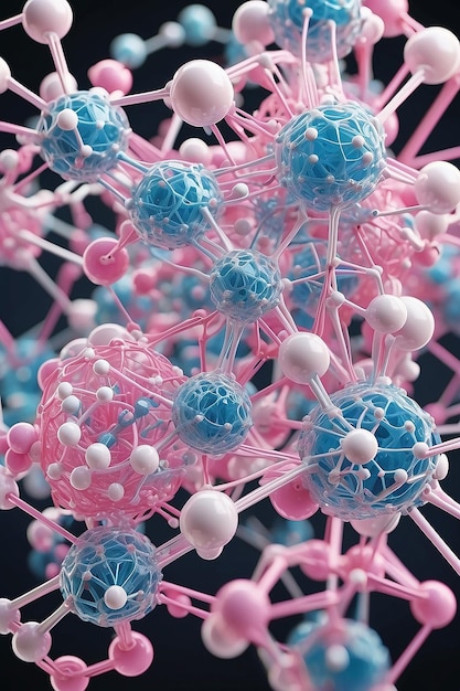 Átomos azules, rosados y blancos que forman la estructura molecular creada utilizando la tecnología de IA generativa