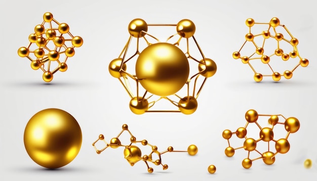 Átomos y moléculas de oro en un fondo blanco