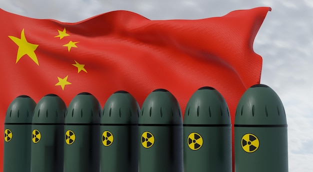 Atomraketen und China-Flagge im Hintergrund Raketen mit Sprengköpfen sind startbereit