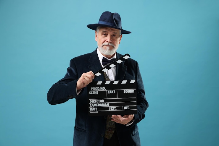 Foto ator sênior com claquete sobre fundo azul claro indústria cinematográfica