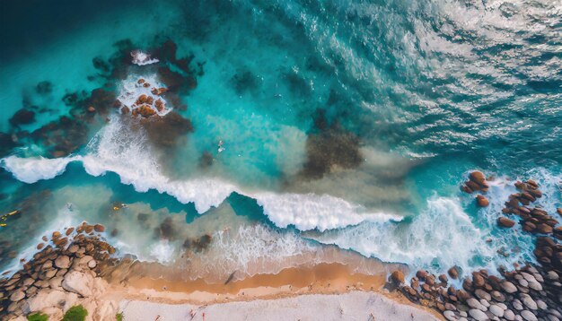 Atração à beira-mar Perspectiva aérea em guarda-chuvas de praia e ondas ondulantes