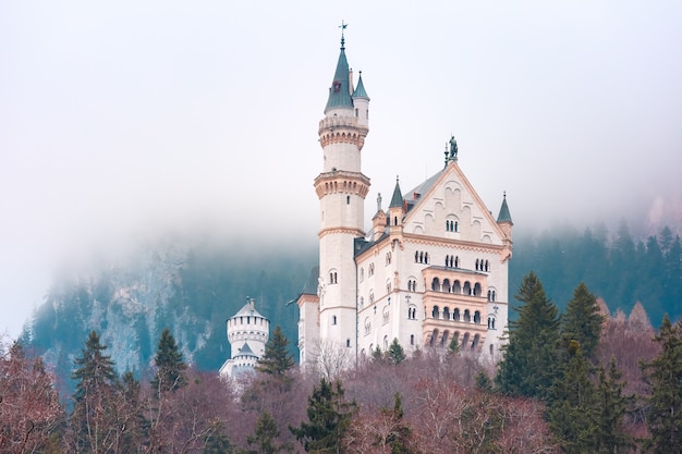 Atracción turística de fama mundial en los Alpes bávaros, el cuento de hadas Neuschwanstein o New Swanstone Castle, el palacio del renacimiento románico del siglo XIX en el día brumoso, Hohenschwangau, Baviera, Alemania