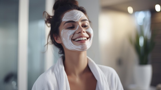 Foto atractiva alegre sorridente jovem mulher aplicando máscara facial pele saudável e terapia de tratamento em para