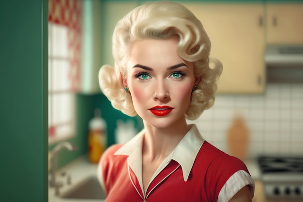 Atractiva ama de casa en la cocina estilo de vida retro de los años 50
