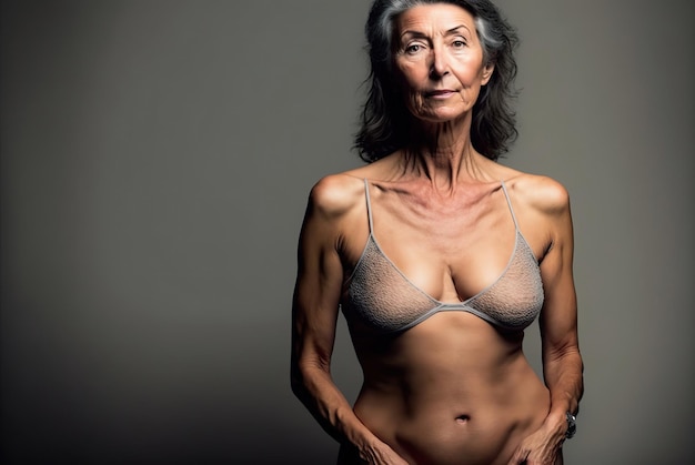 Atractiva anciana de 65 años posando empoderada y feliz en ropa interior con cuerpo imperfecto generado por Ai