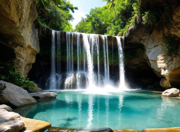 Foto la atractiva belleza de una cascada que cae en cascada en una piscina tropical cristalina papel tapiz paisajístico