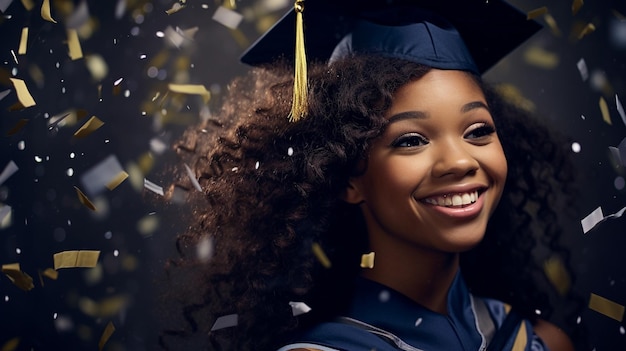 Una atractiva chica africana de graduación en un vestido de graduación