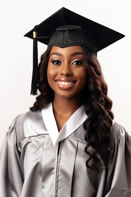 Atractiva chica de belleza sonriente con gorro de graduación aislado en