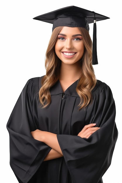 Atractiva chica de belleza sonriente con gorro de graduación aislado en