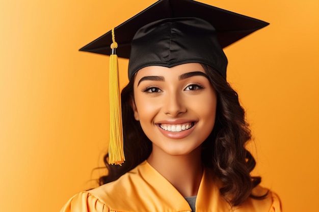 Atractiva chica de belleza sonriente con gorro de graduación aislado en