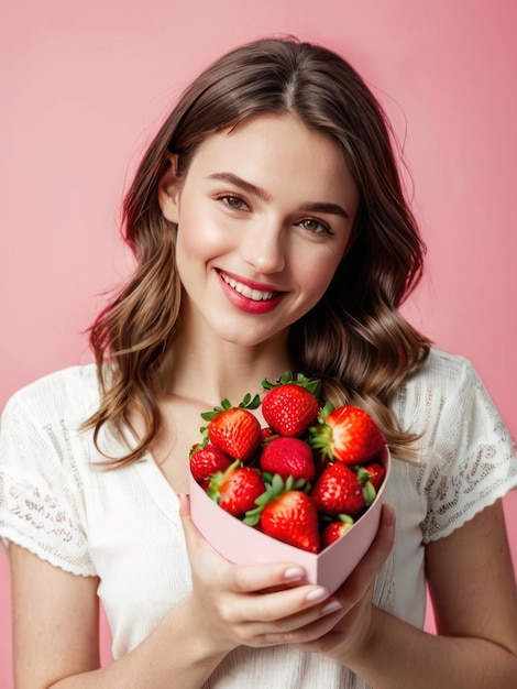 atractiva chica feliz en vestido blanco con fresas rojas