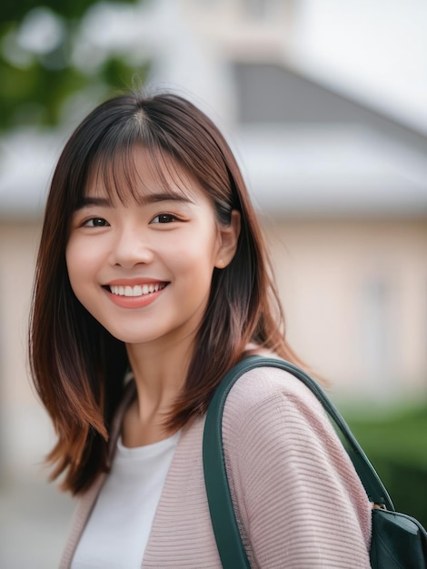 Atractiva e confiante sorridente jovem mulher asiática retrato em close-up