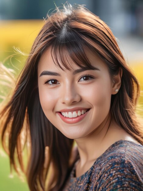 Atractiva e confiante sorridente jovem mulher asiática retrato em close-up