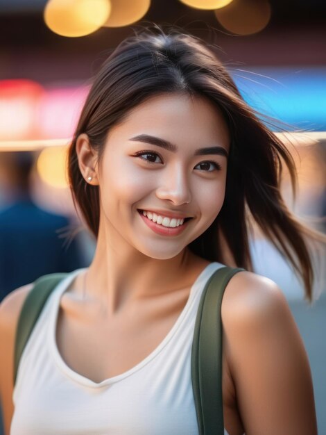 Atractiva e confiante sorridente jovem mulher asiática retrato em close-up