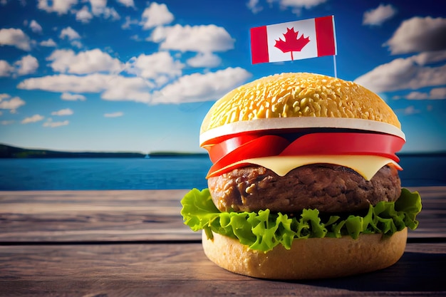 Atractiva hamburguesa casera de ternera con bandera de Canadá en la parte superior y papel negro Ai generativo