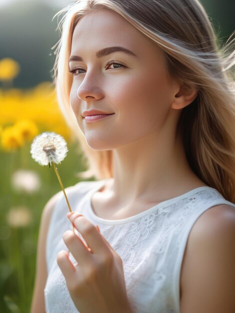 Foto atractiva y hermosa chica con una flor de diente de león en la mano