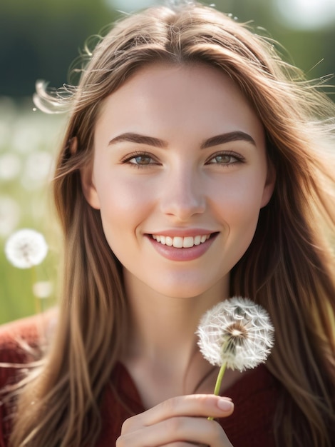 atractiva y hermosa chica con una flor de diente de león en la mano