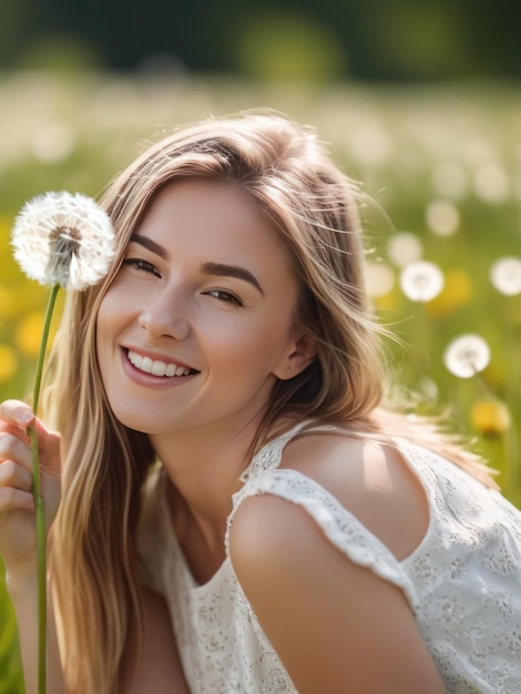 atractiva y hermosa chica con una flor de diente de león en la mano