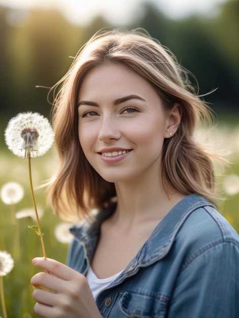 atractiva y hermosa chica con una flor de diente de león en la mano