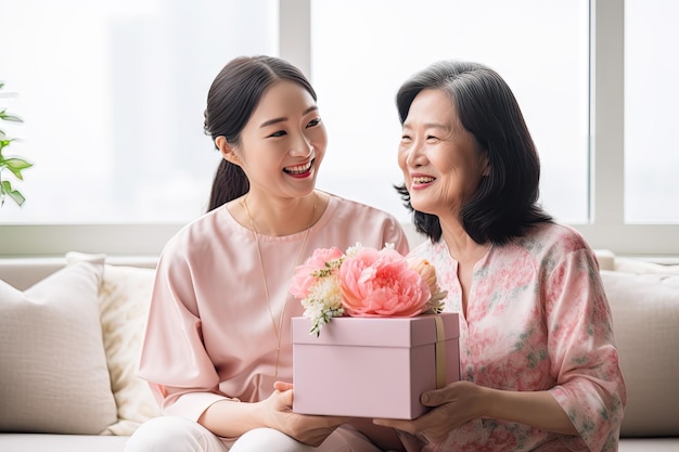 Atractiva hermosa madre asiática de mediana edad sentarse con la hija adulta dar caja de regalos y flores en fam