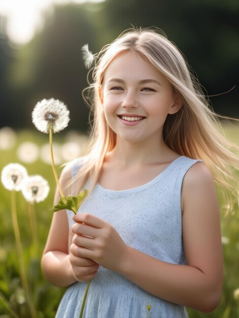 Foto atractiva y hermosa niña con una flor de diente de león en la mano