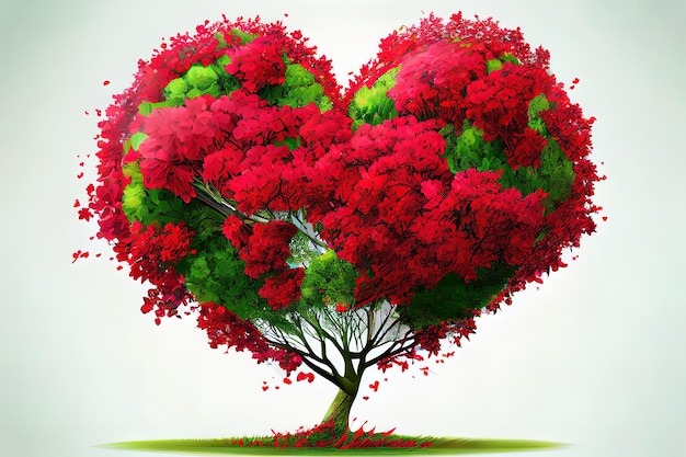 Atractiva ilustración de arte digital del árbol de flor roja en forma de corazón