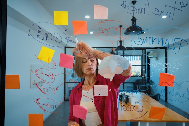 Atractiva y inteligente mujer de negocios hace una tormenta de ideas usando el mapa mental Inmaculada