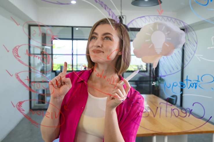Foto atractiva, inteligente, mulher de negócios, faz brainstorming usando o mapa mental da imaculada.